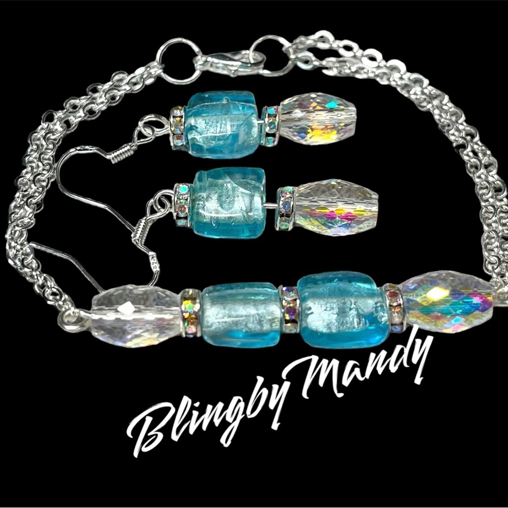 2piece set bracelet and earrings -March birthday link chain